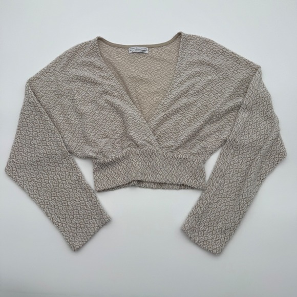 Urban Outfitters Tops - Urban Outfitters Marled Knit Surplice Wrap Crop Top Beige Long Sleeve Small